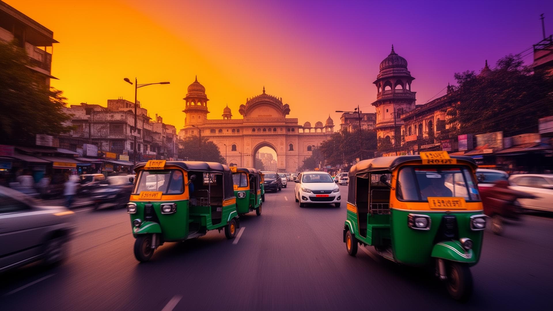Indian city street with auto rickshaws
